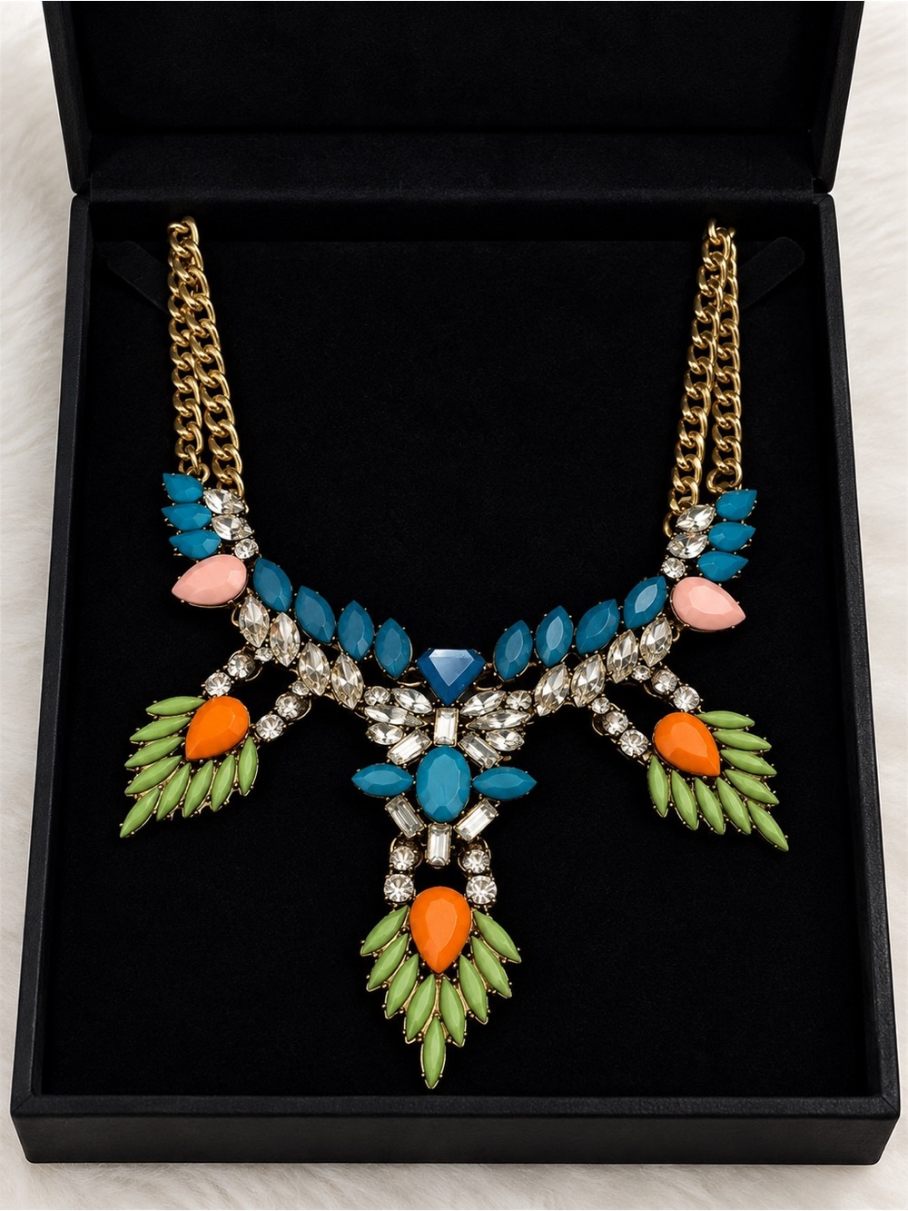 Multicolor Statement Bib Necklace - Turquoise, Orange & Pink